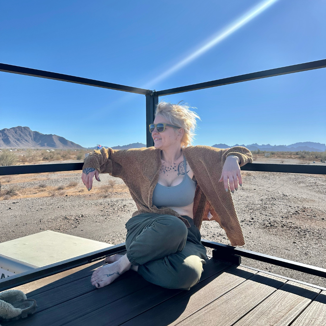 Jenn Bethune on her patio in Quartzite, AZ